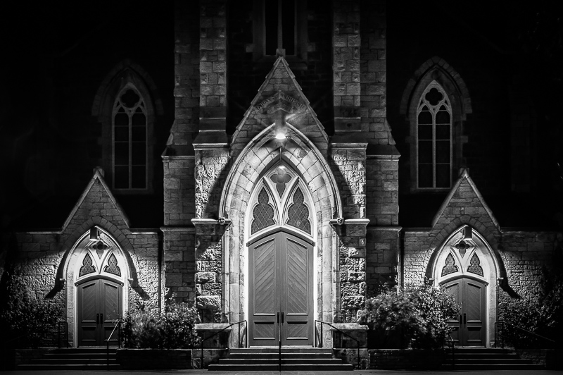 Church doors at night